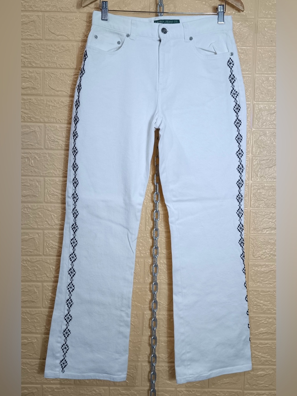 Authentic Y2K Ralph Lauren White Western Beaded Bootcut Jeans, Size 8 Petite